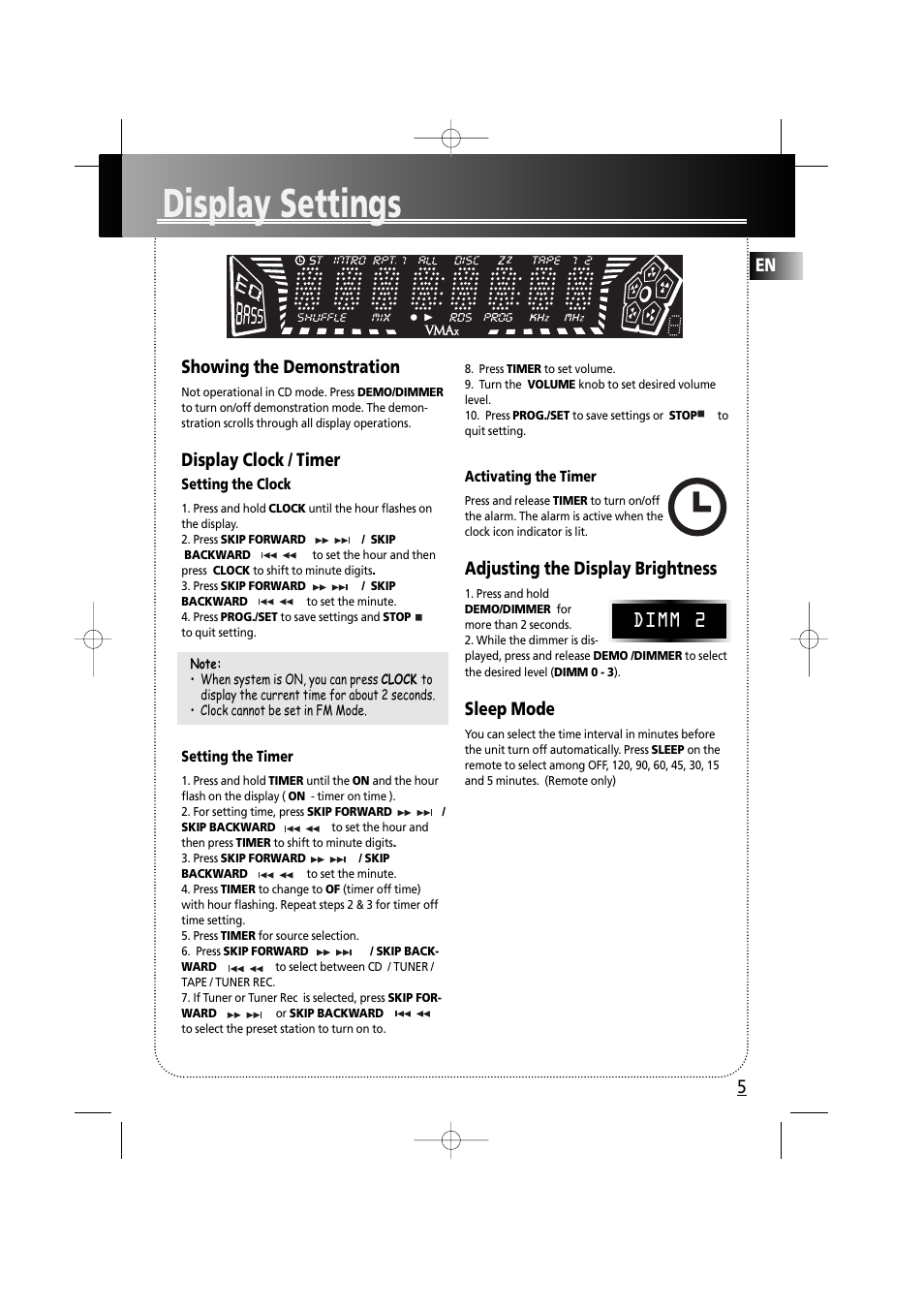 Display settings, Showing the demonstration, Display clock / timer | Adjusting the display brightness, Sleep mode, Dimm 2 | RCA RS2610 User Manual | Page 8 / 19