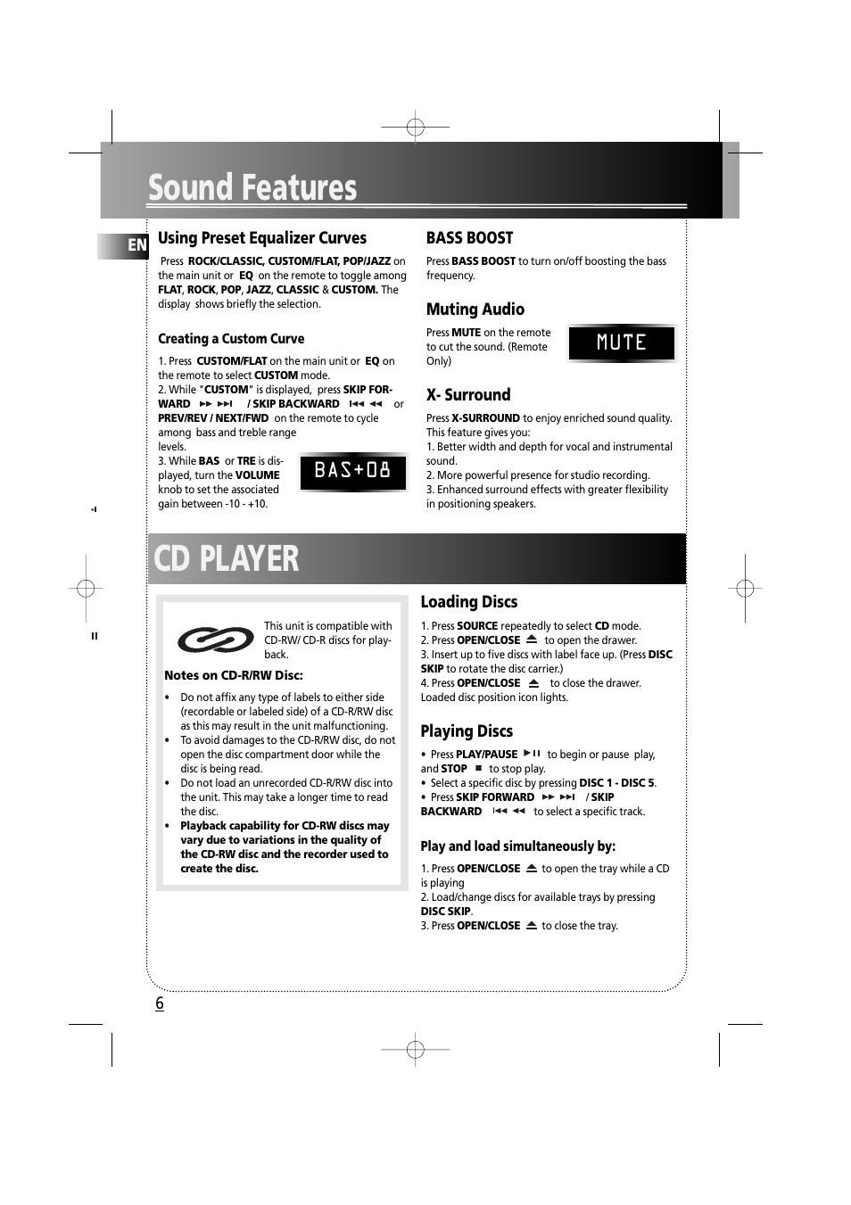 Sound features, Cd player, Bas+08 mute | RCA RS2610 User Manual | Page 9 / 19