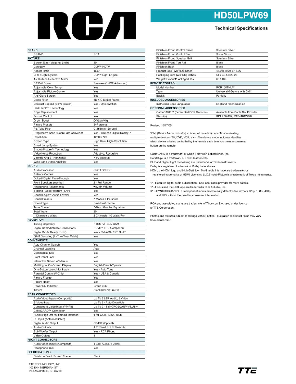 Hd50lpw69, Technical specifications | RCA HD50LPW69 User Manual | Page 2 / 2