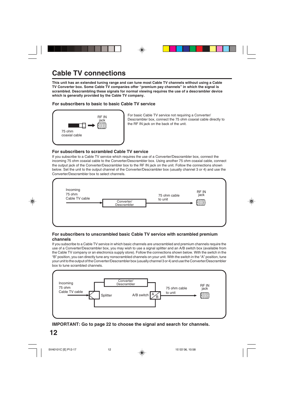 Cable tv connections | RCA 24F502TDV User Manual | Page 12 / 68