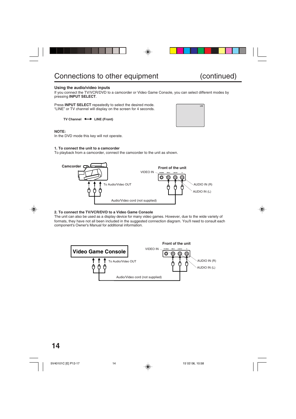 Connections to other equipment (continued), Video game console | RCA 24F502TDV User Manual | Page 14 / 68