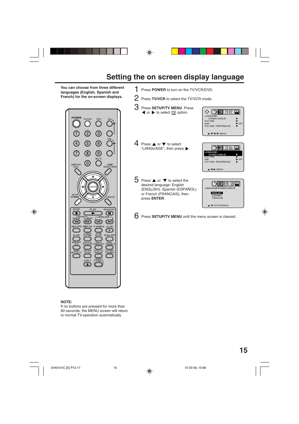 Setting the on screen display language | RCA 24F502TDV User Manual | Page 15 / 68