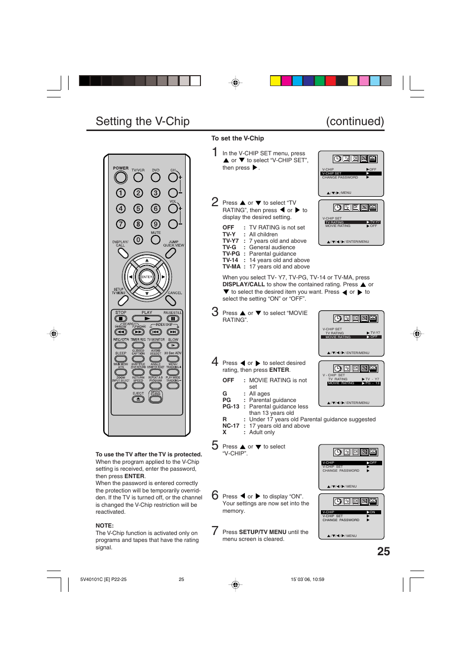 Setting the v-chip (continued) | RCA 24F502TDV User Manual | Page 25 / 68
