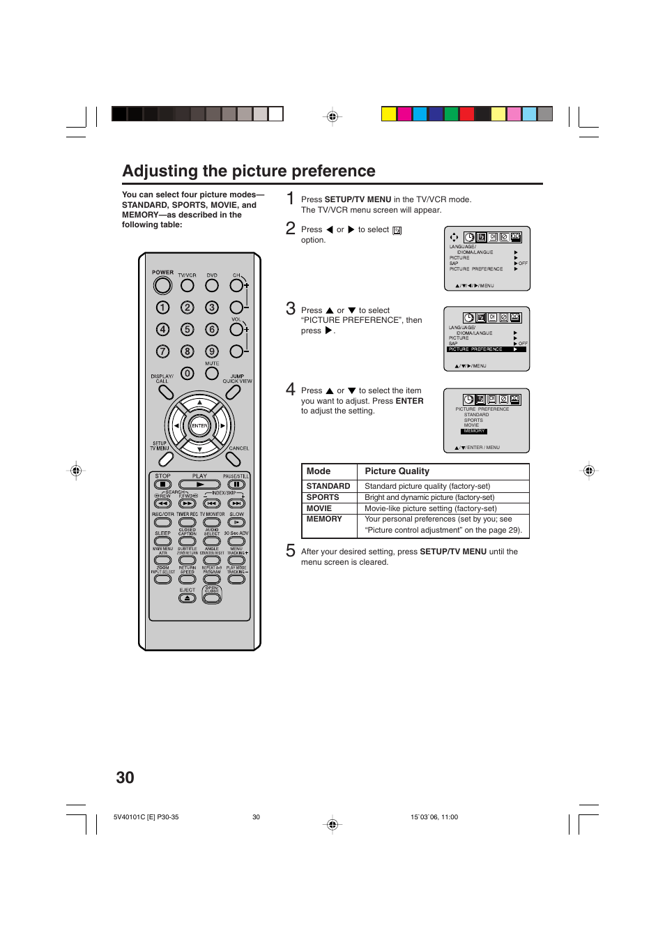 Adjusting the picture preference | RCA 24F502TDV User Manual | Page 30 / 68