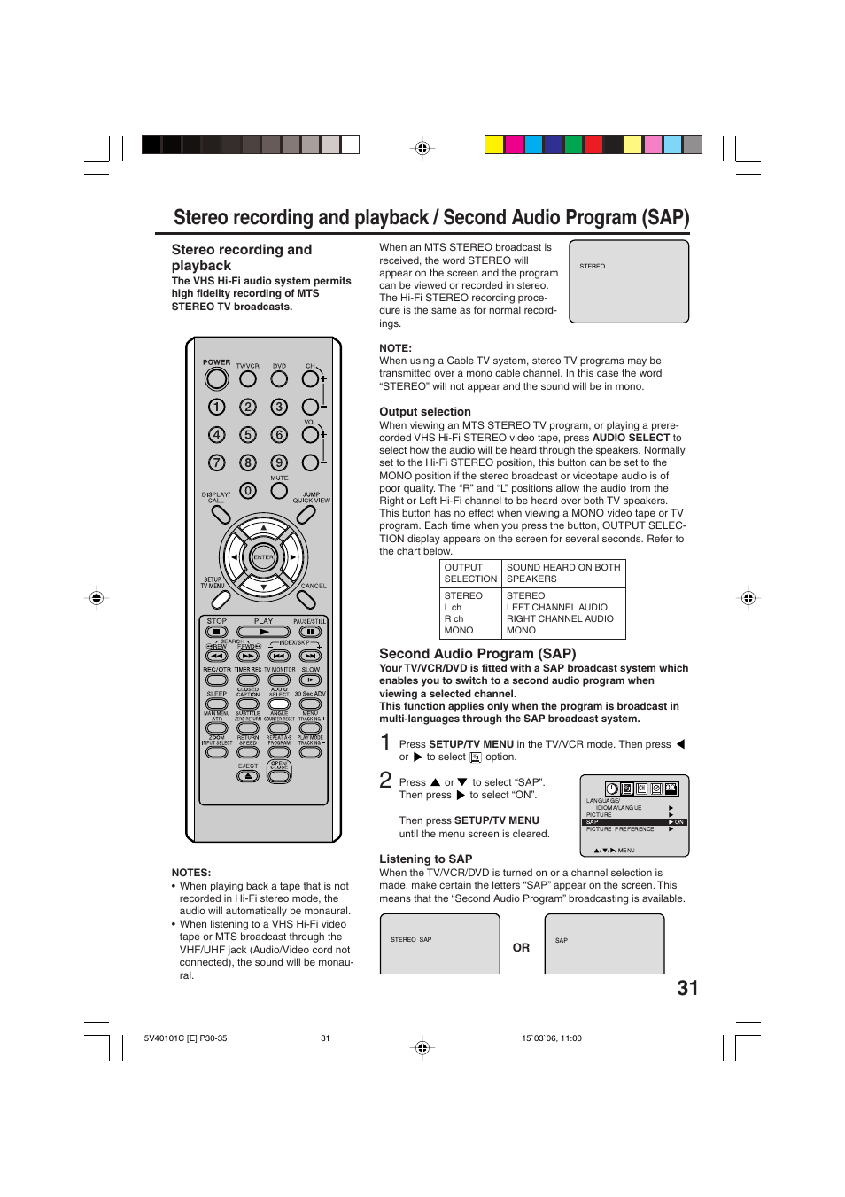 Second audio program (sap), Stereo recording and playback | RCA 24F502TDV User Manual | Page 31 / 68