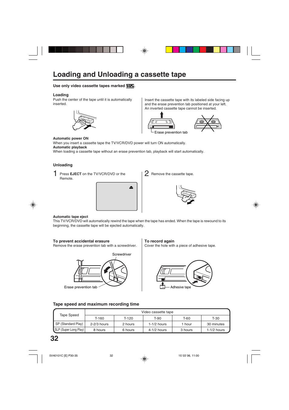 Loading and unloading a cassette tape | RCA 24F502TDV User Manual | Page 32 / 68