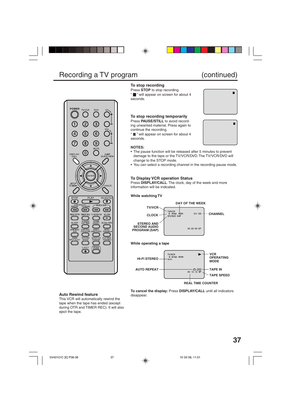 Recording a tv program (continued) | RCA 24F502TDV User Manual | Page 37 / 68