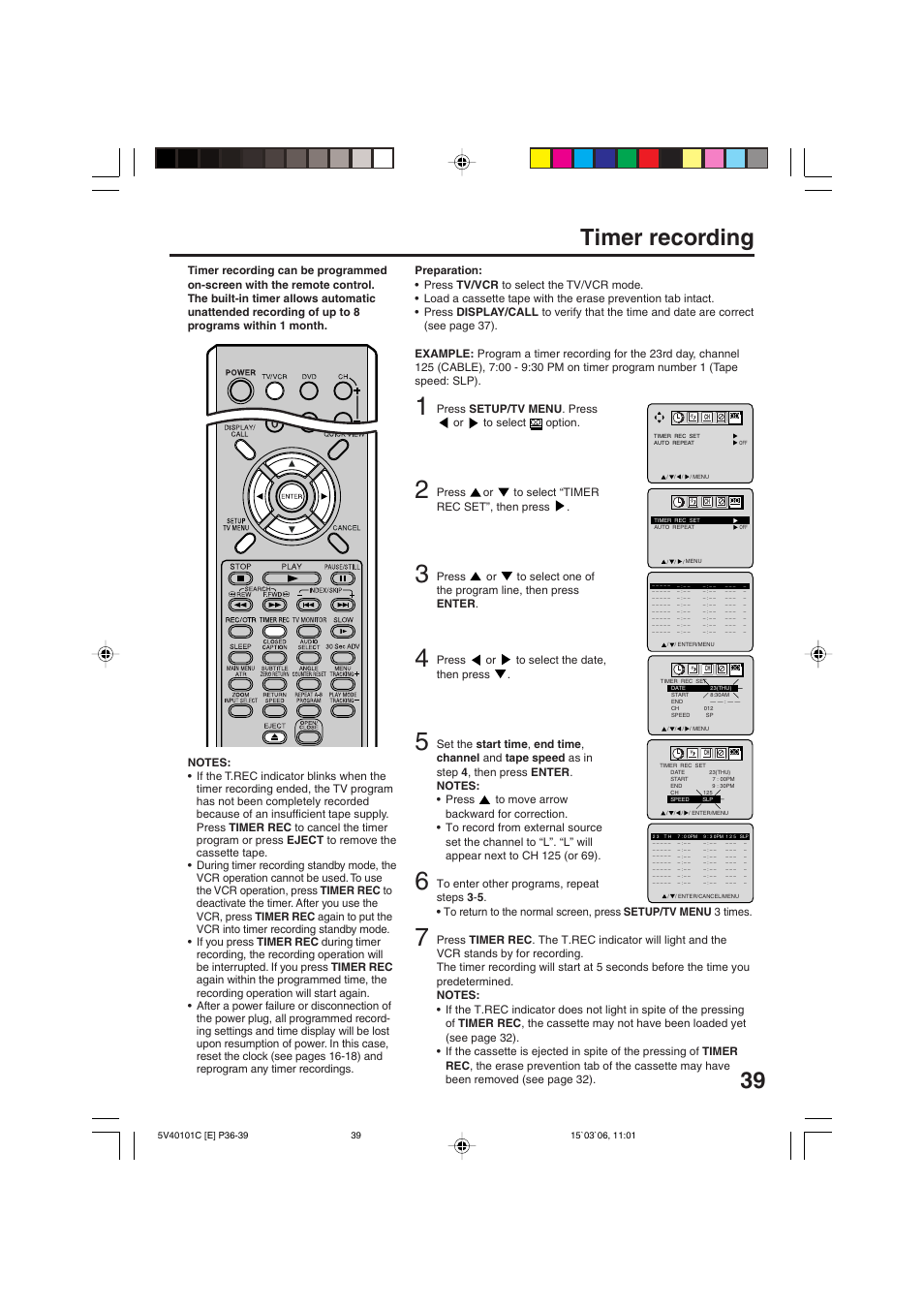 Timer recording, Press setup/tv menu . press or to select option, Press or to select “timer rec set”, then press | Press or to select the date, then press | RCA 24F502TDV User Manual | Page 39 / 68