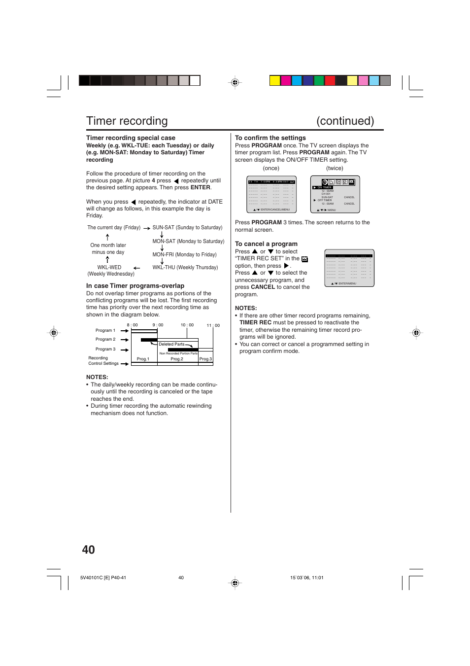 Timer recording (continued), Timer recording special case, Once) (twice) | RCA 24F502TDV User Manual | Page 40 / 68