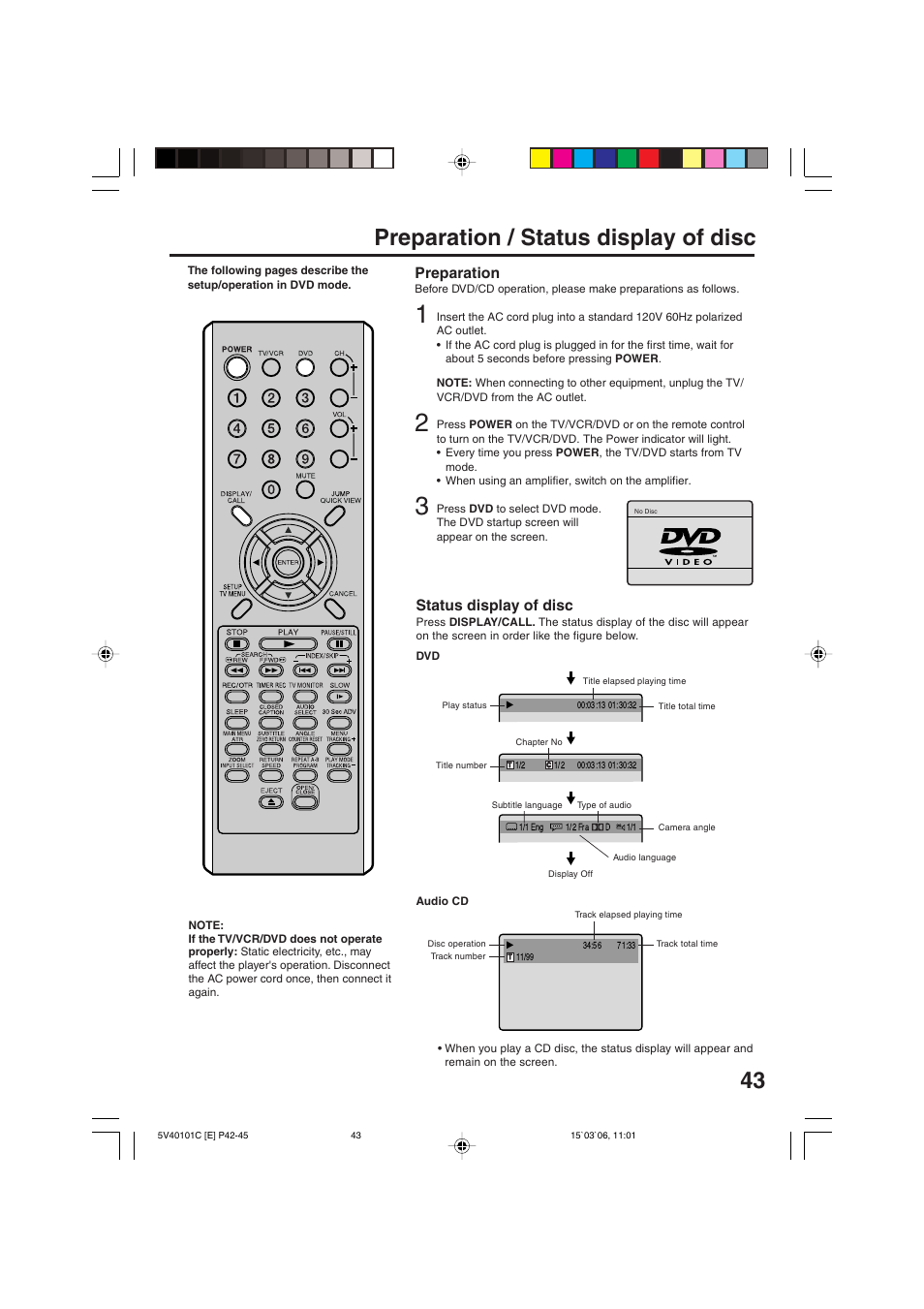 43 preparation / status display of disc, Preparation, Status display of disc | RCA 24F502TDV User Manual | Page 43 / 68