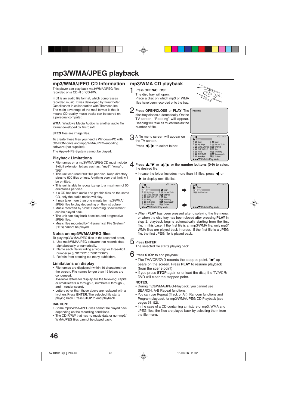 46 mp3/wma/jpeg playback, Mp3/wma cd playback, Mp3/wma/jpeg cd information | RCA 24F502TDV User Manual | Page 46 / 68