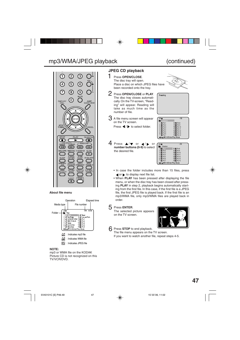 Mp3/wma/jpeg playback (continued), Jpeg cd playback | RCA 24F502TDV User Manual | Page 47 / 68