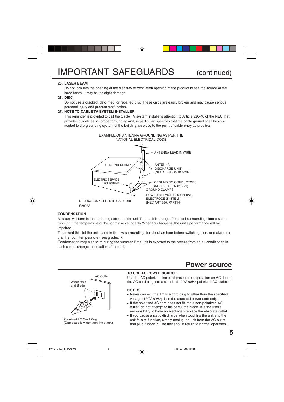 Important safeguards, Power source, Continued) | RCA 24F502TDV User Manual | Page 5 / 68