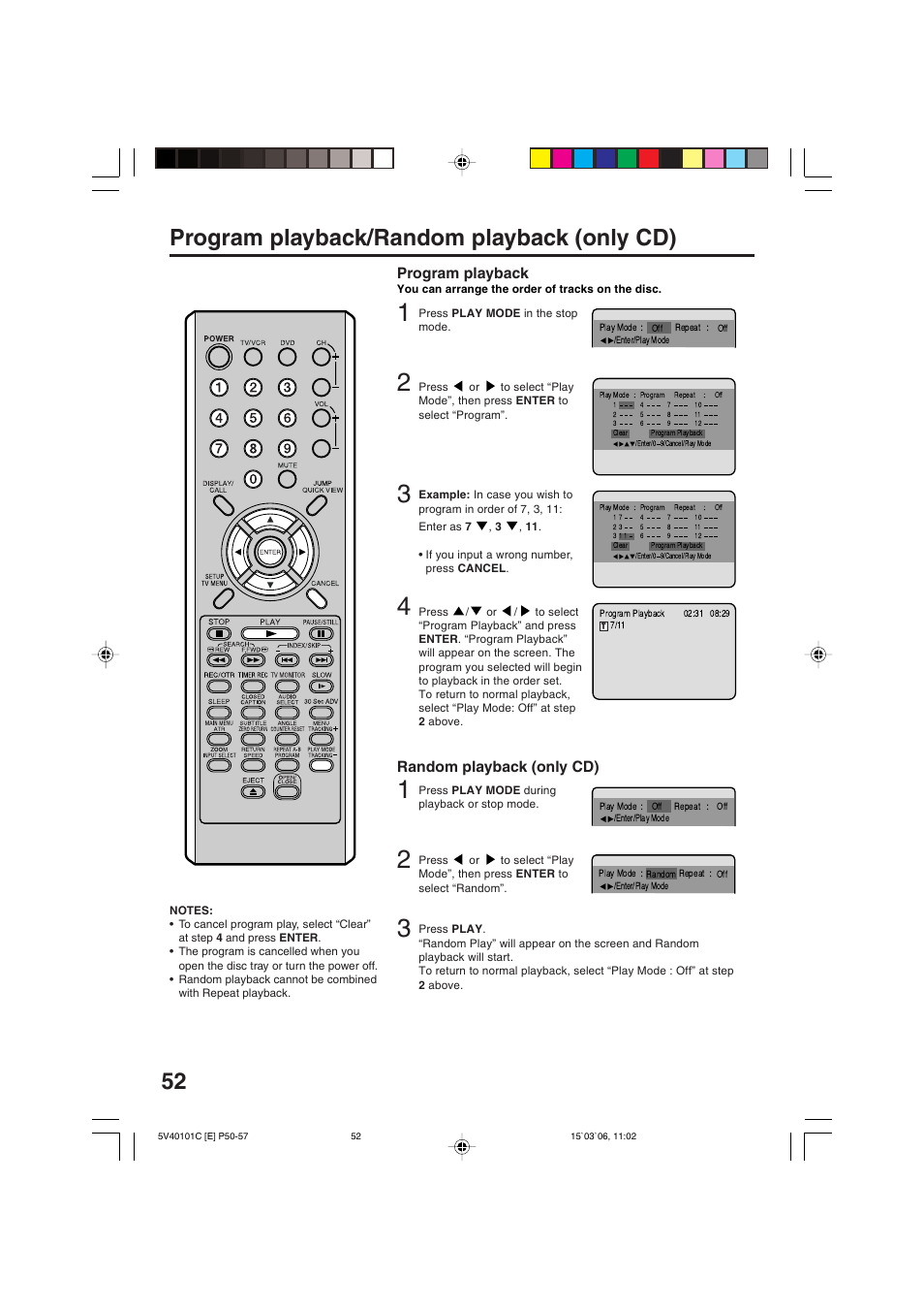 52 program playback/random playback (only cd), Program playback, Random playback (only cd) | RCA 24F502TDV User Manual | Page 52 / 68
