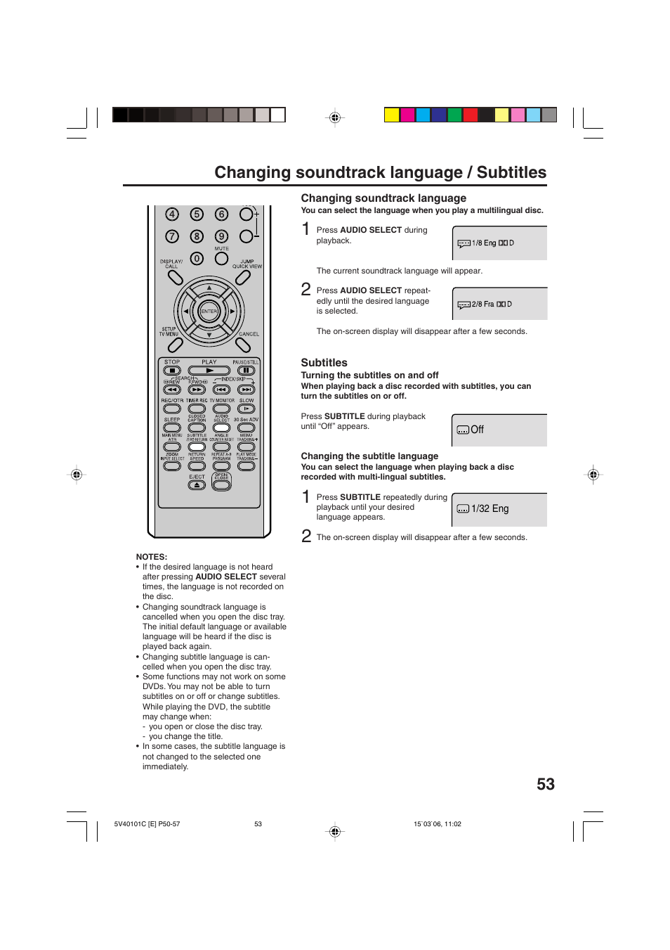 Changing soundtrack language / subtitles | RCA 24F502TDV User Manual | Page 53 / 68
