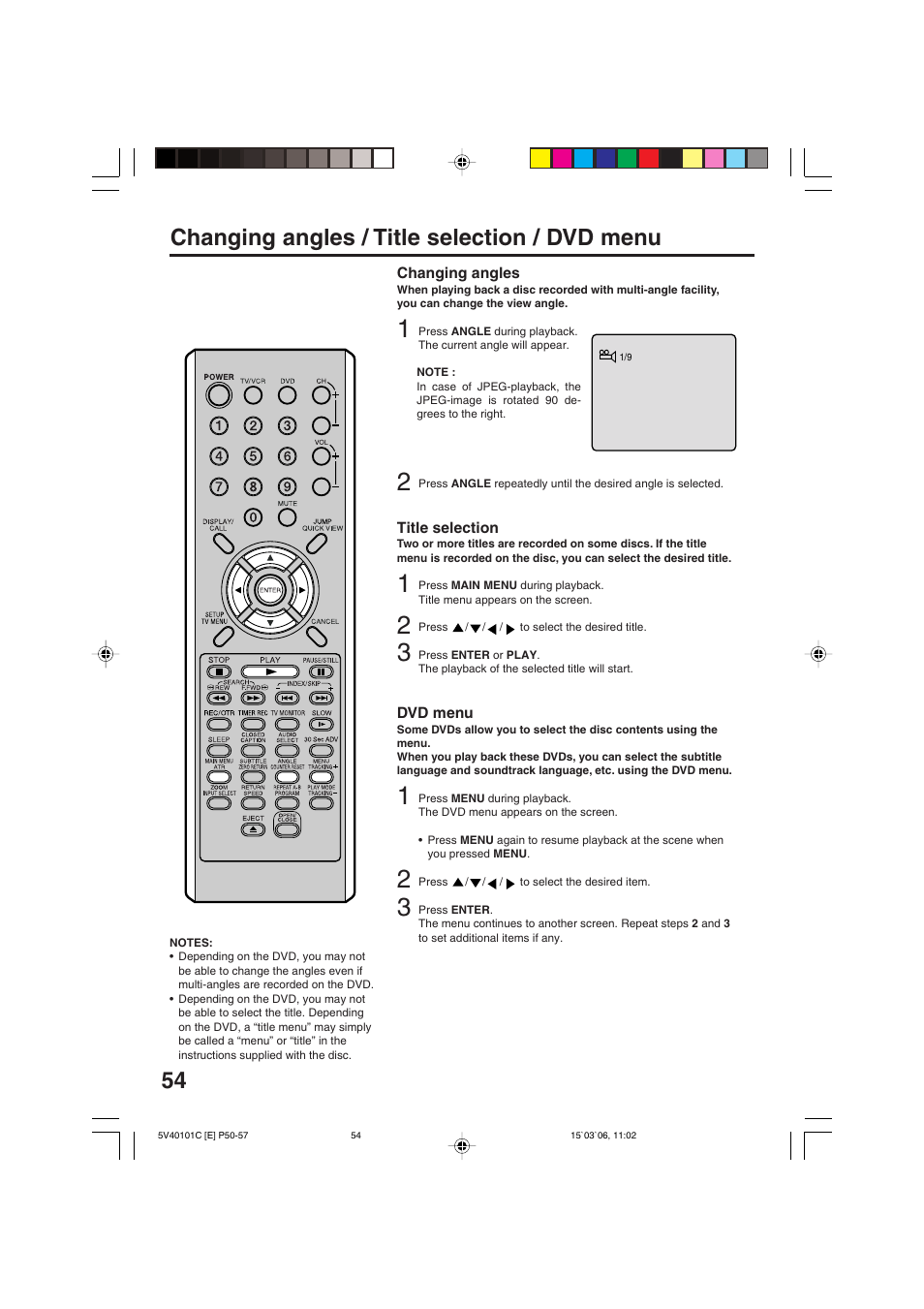 Changing angles / title selection / dvd menu | RCA 24F502TDV User Manual | Page 54 / 68
