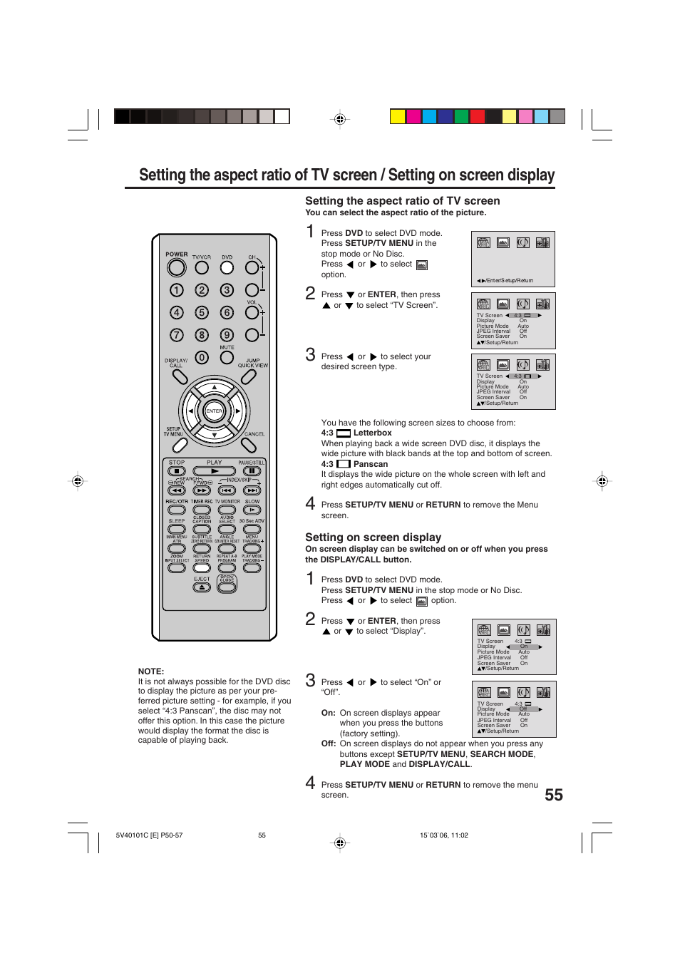 Setting the aspect ratio of tv screen, Setting on screen display | RCA 24F502TDV User Manual | Page 55 / 68