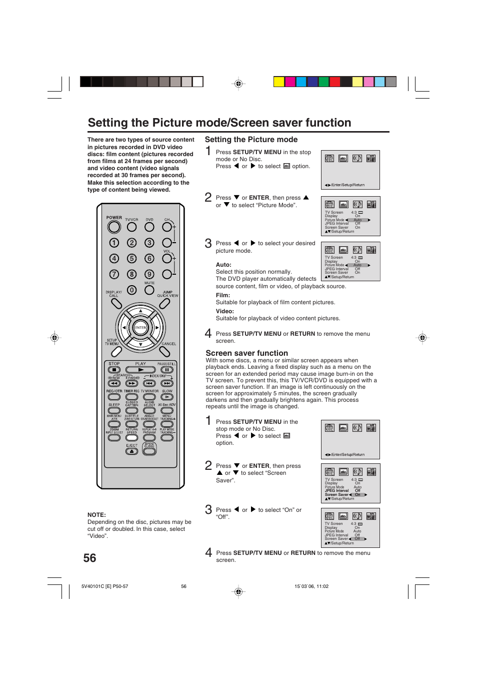 Setting the picture mode/screen saver function, Screen saver function, Setting the picture mode | RCA 24F502TDV User Manual | Page 56 / 68