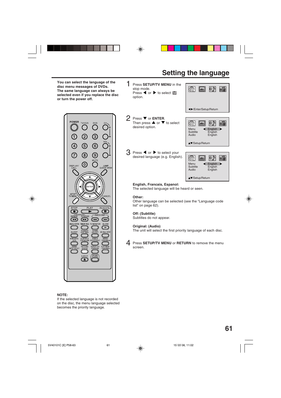 Setting the language | RCA 24F502TDV User Manual | Page 61 / 68