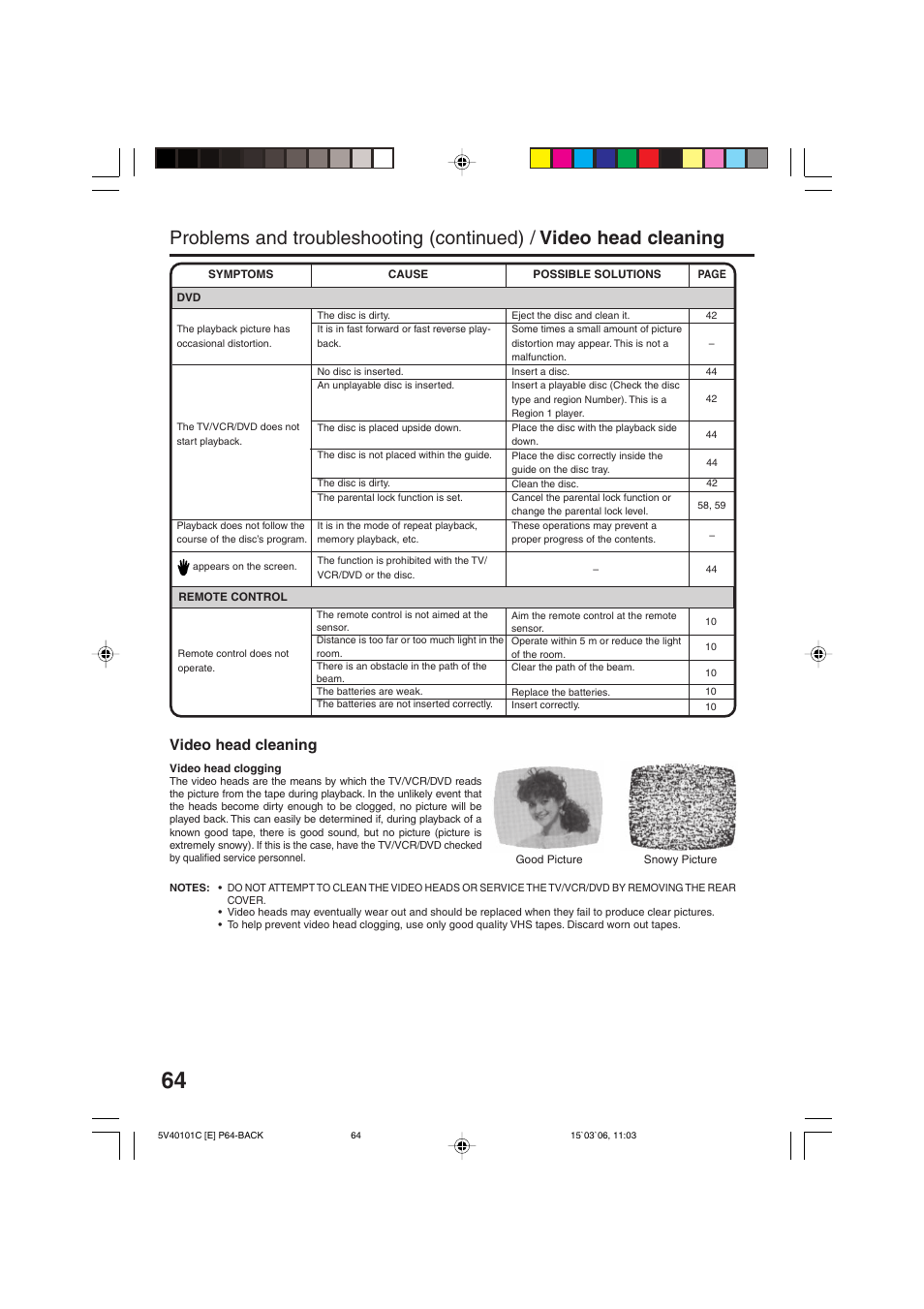 Video head cleaning | RCA 24F502TDV User Manual | Page 64 / 68