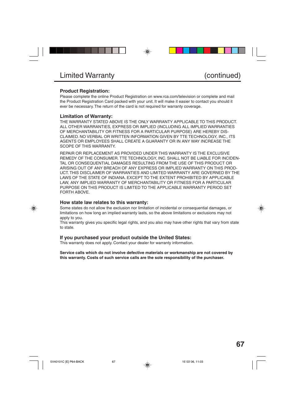 Limited warranty (continued) | RCA 24F502TDV User Manual | Page 67 / 68