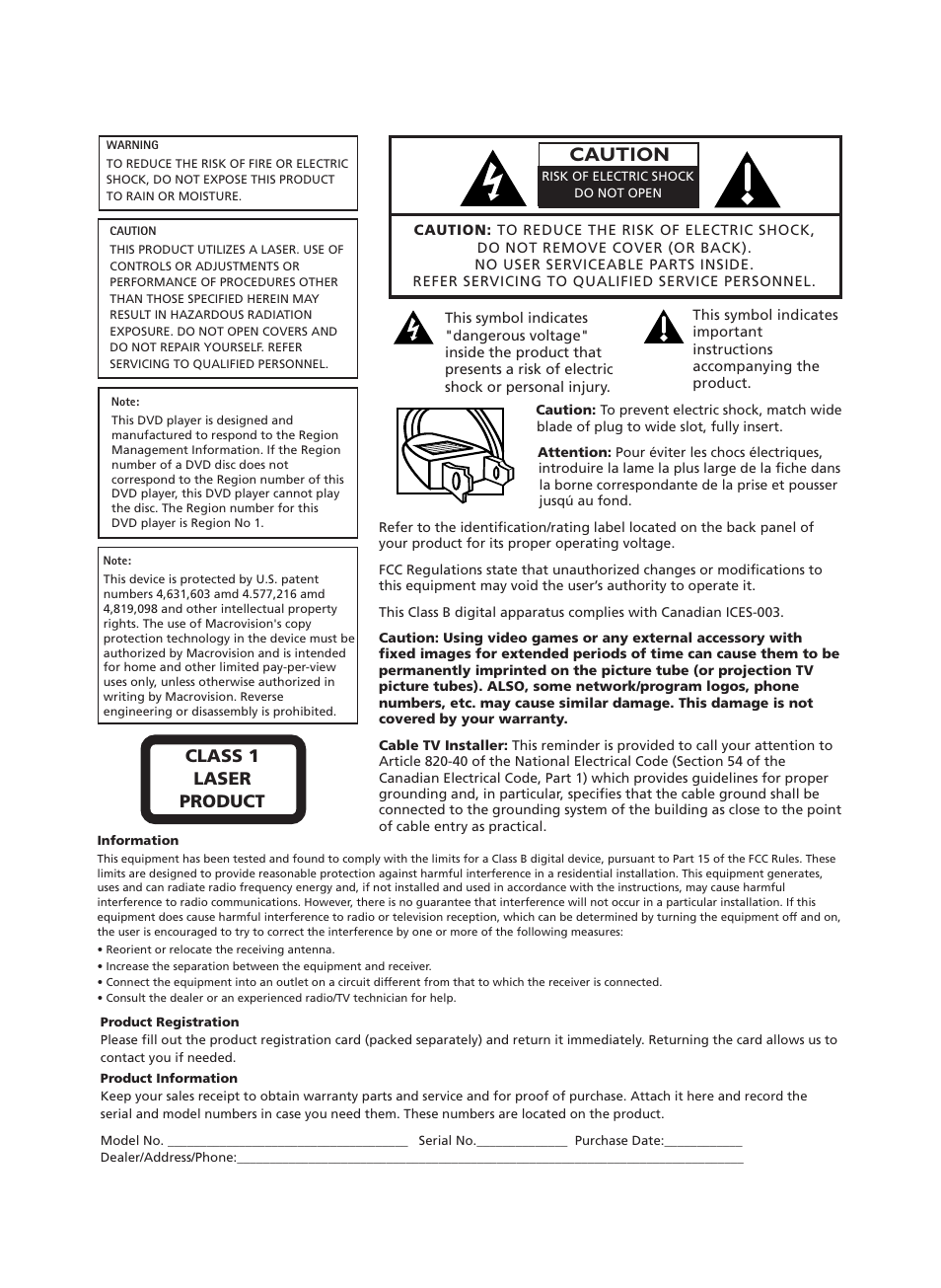 Caution, Class 1 laser product | RCA TruFlat 20F500TDV User Manual | Page 2 / 64