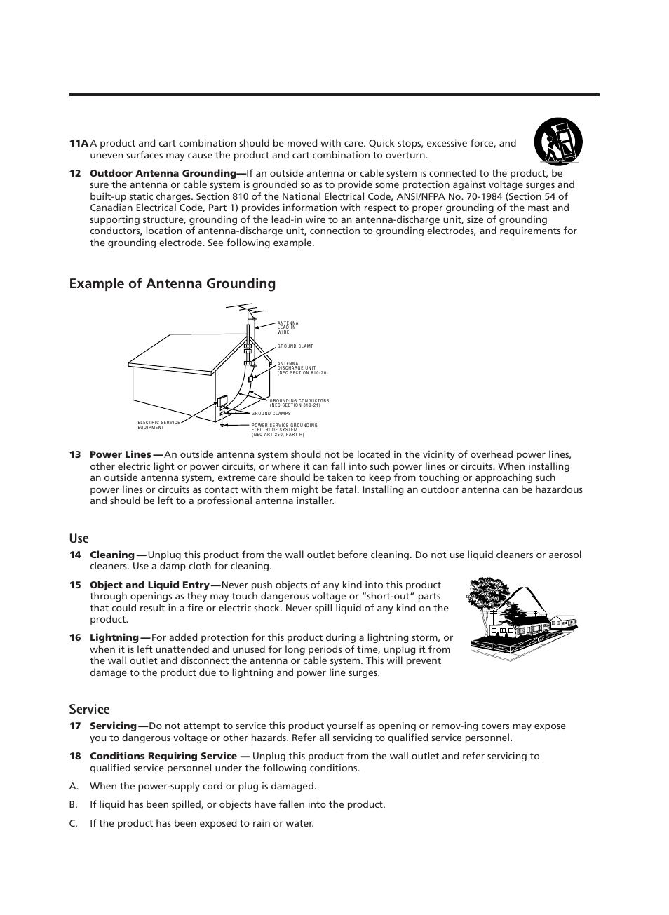 Important safeguards, Example of antenna grounding, Service | RCA TruFlat 20F500TDV User Manual | Page 4 / 64