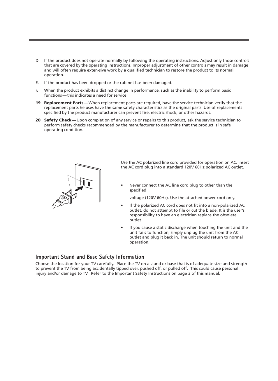 Important safeguards, Important stand and base safety information | RCA TruFlat 20F500TDV User Manual | Page 5 / 64