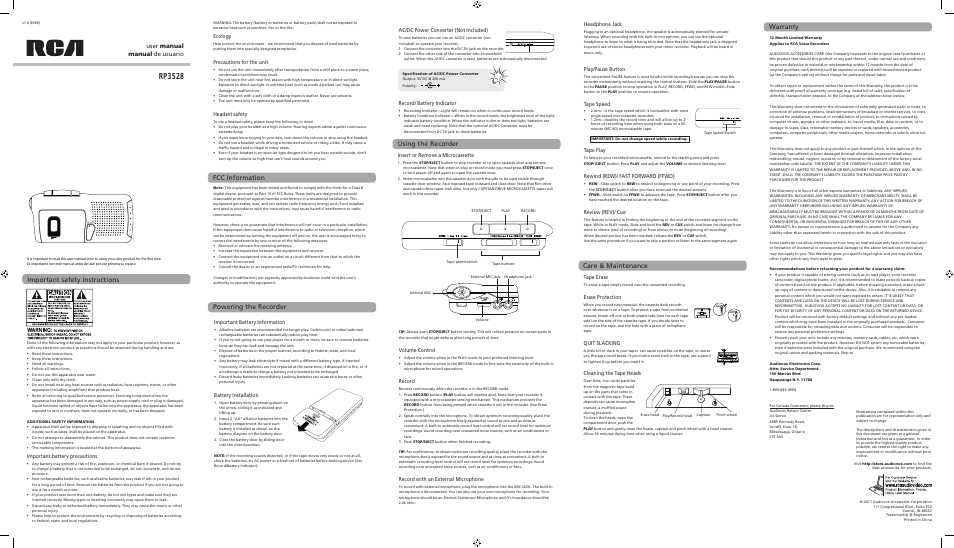 Rp3528, Care & maintenance warranty, User manual manual de usuario | Headphone jack, Play/pause button, Tape speed, Tape play, Rewind (rew)/ fast forward (ffwd), Review (rev)/ cue, Volume control | RCA RP3528 User Manual | Page 3 / 3