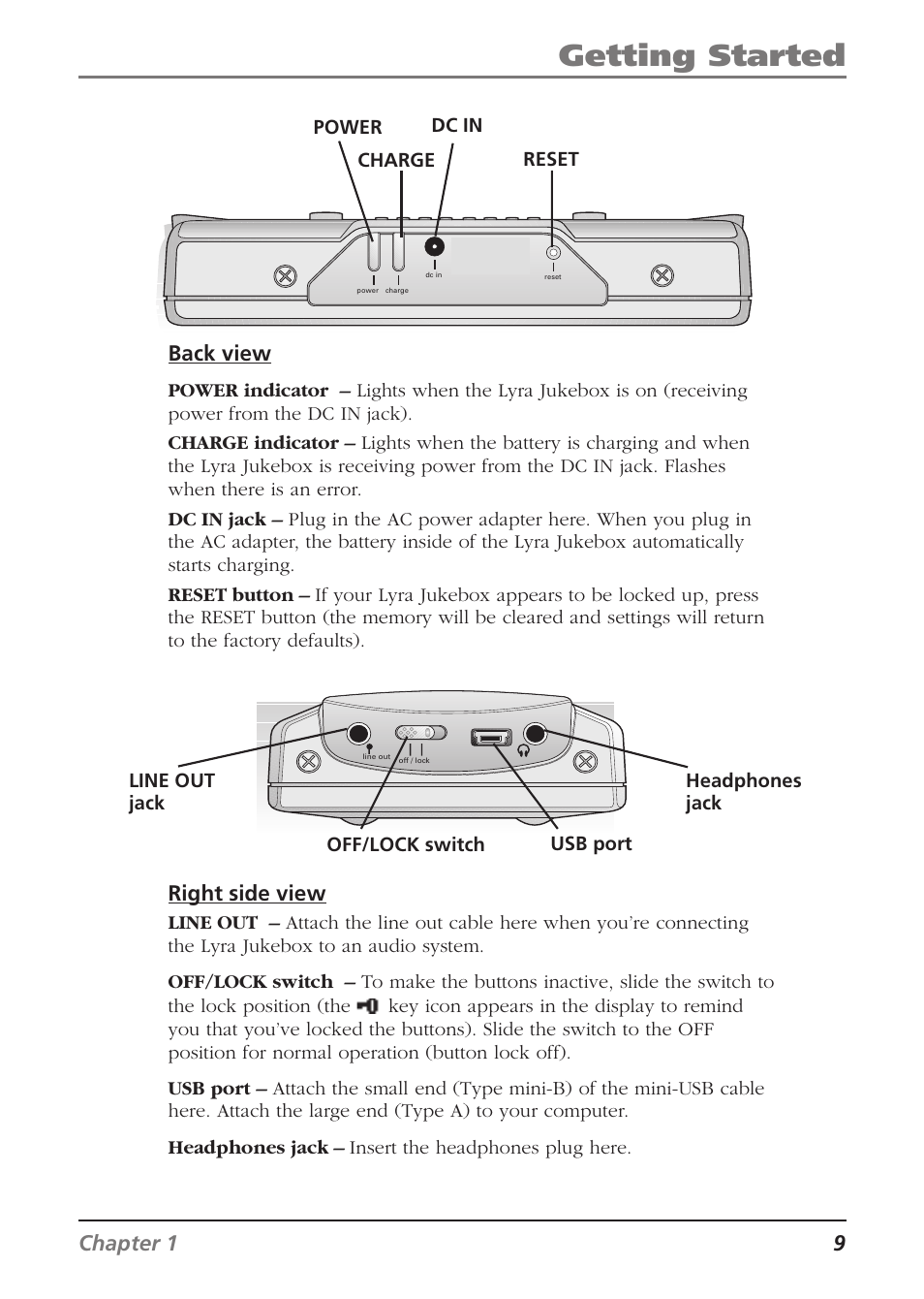 Getting started, Chapter 1 9, Back view | Right side view | RCA Lyra RD2840 User Manual | Page 11 / 58