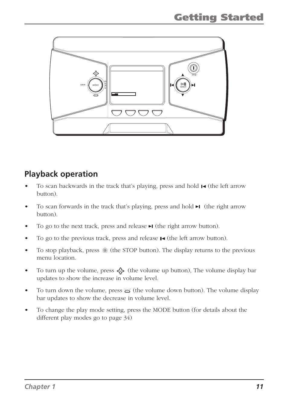 Getting started, Playback operation, Chapter 1 11 | RCA Lyra RD2840 User Manual | Page 13 / 58