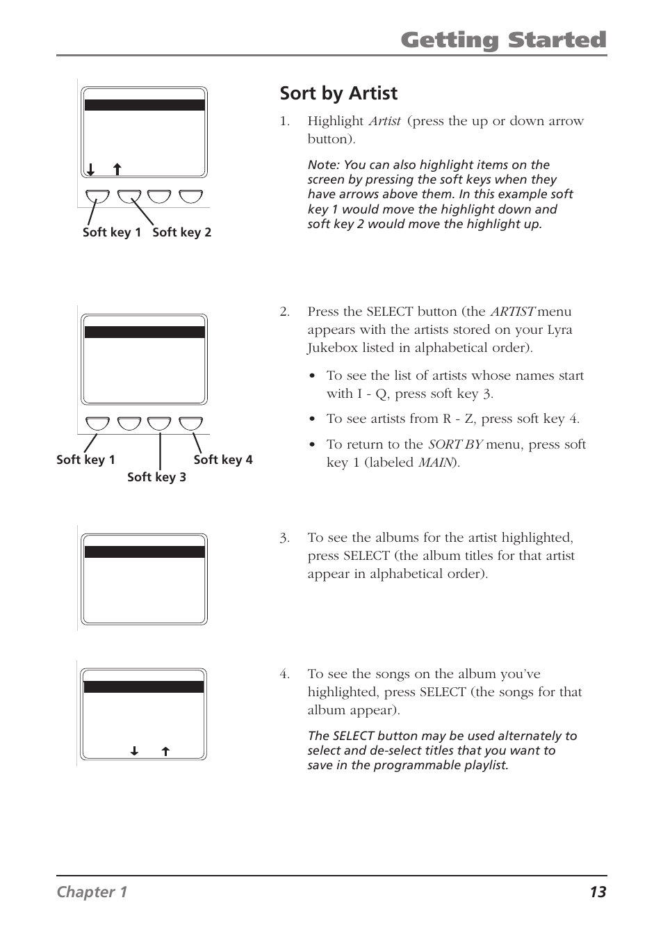 Getting started, Sort by artist, Chapter 1 13 | RCA Lyra RD2840 User Manual | Page 15 / 58