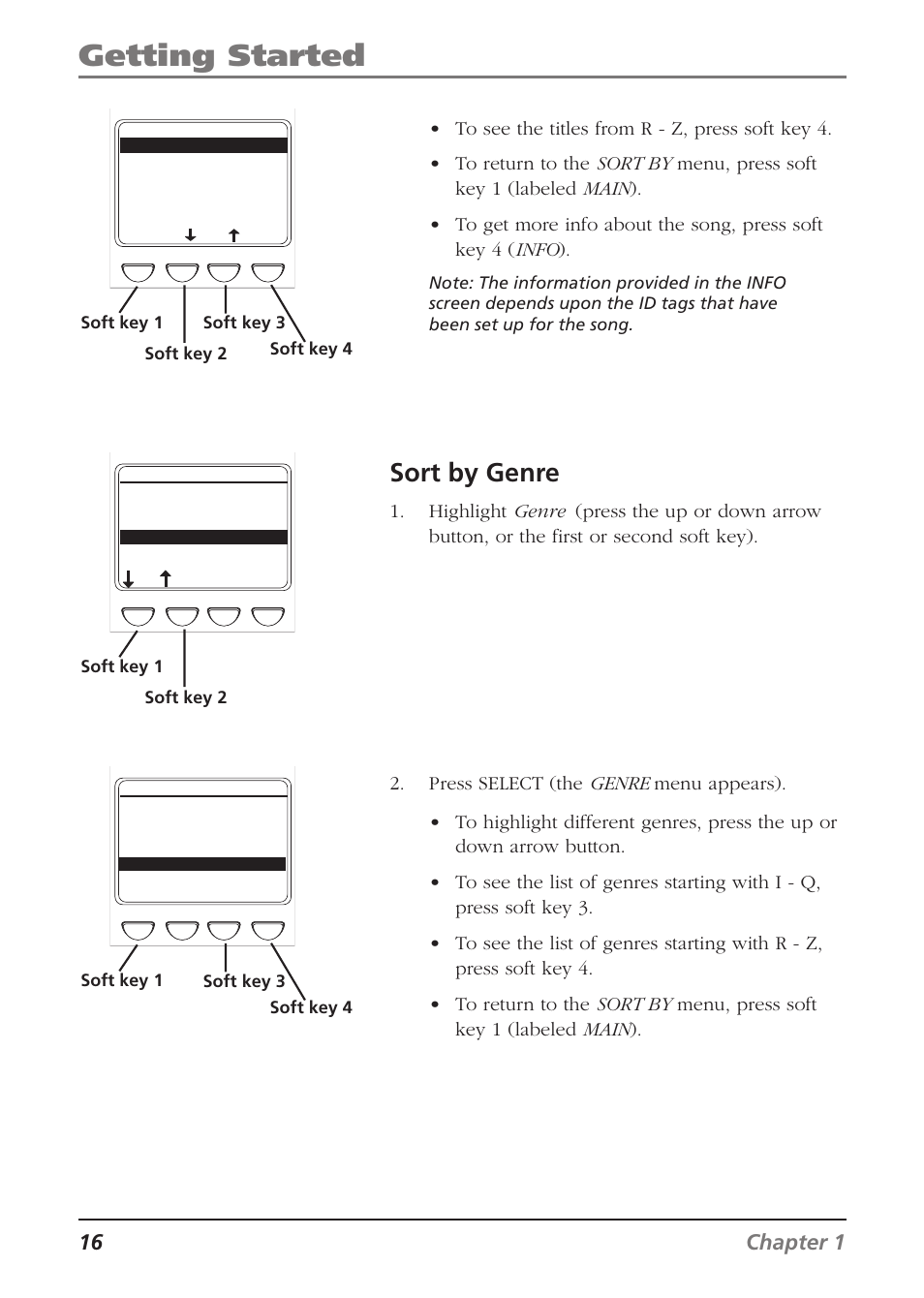 Getting started, Sort by genre, 16 chapter 1 | RCA Lyra RD2840 User Manual | Page 18 / 58