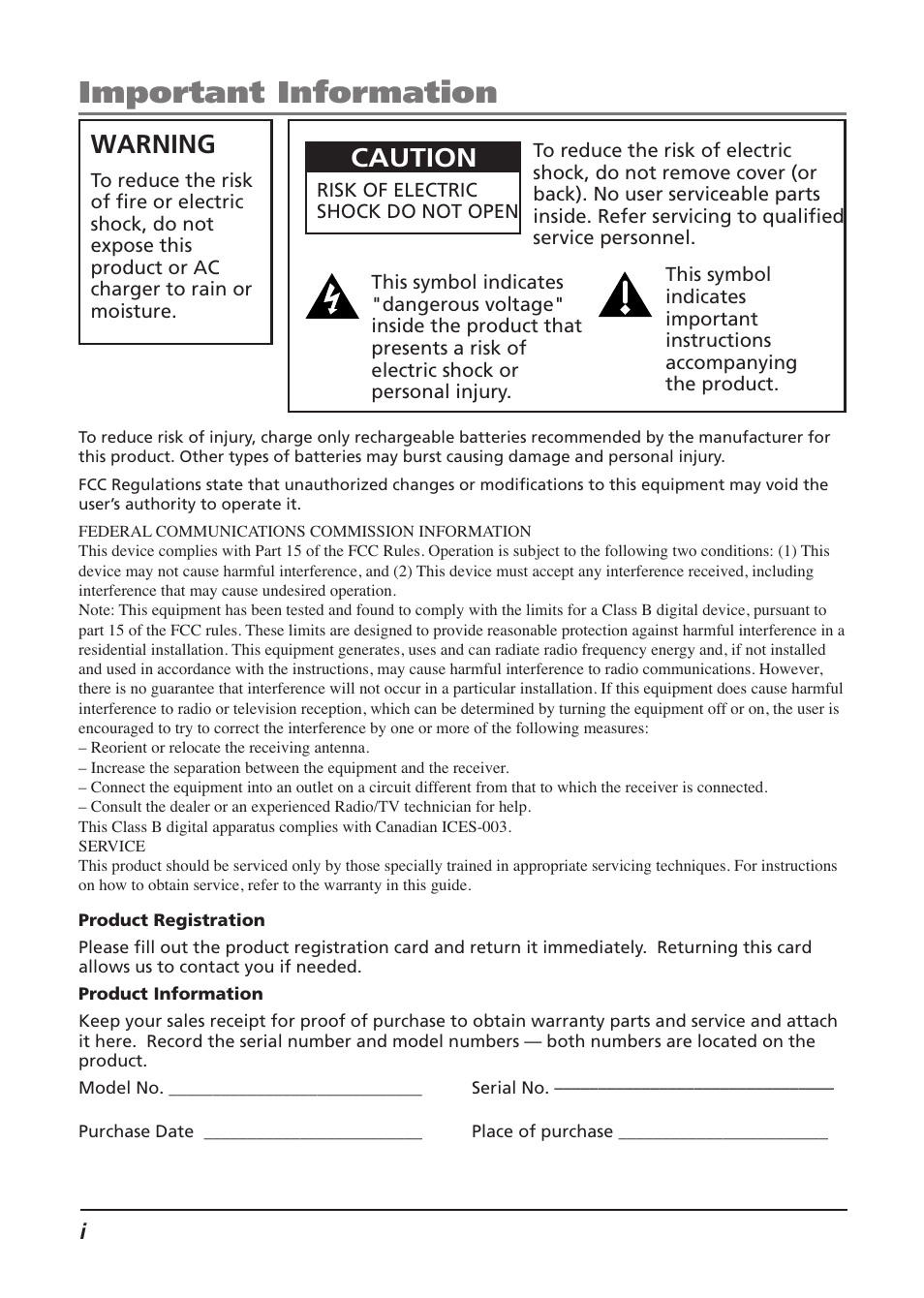 Important information, Warning, Caution | RCA Lyra RD2840 User Manual | Page 2 / 58