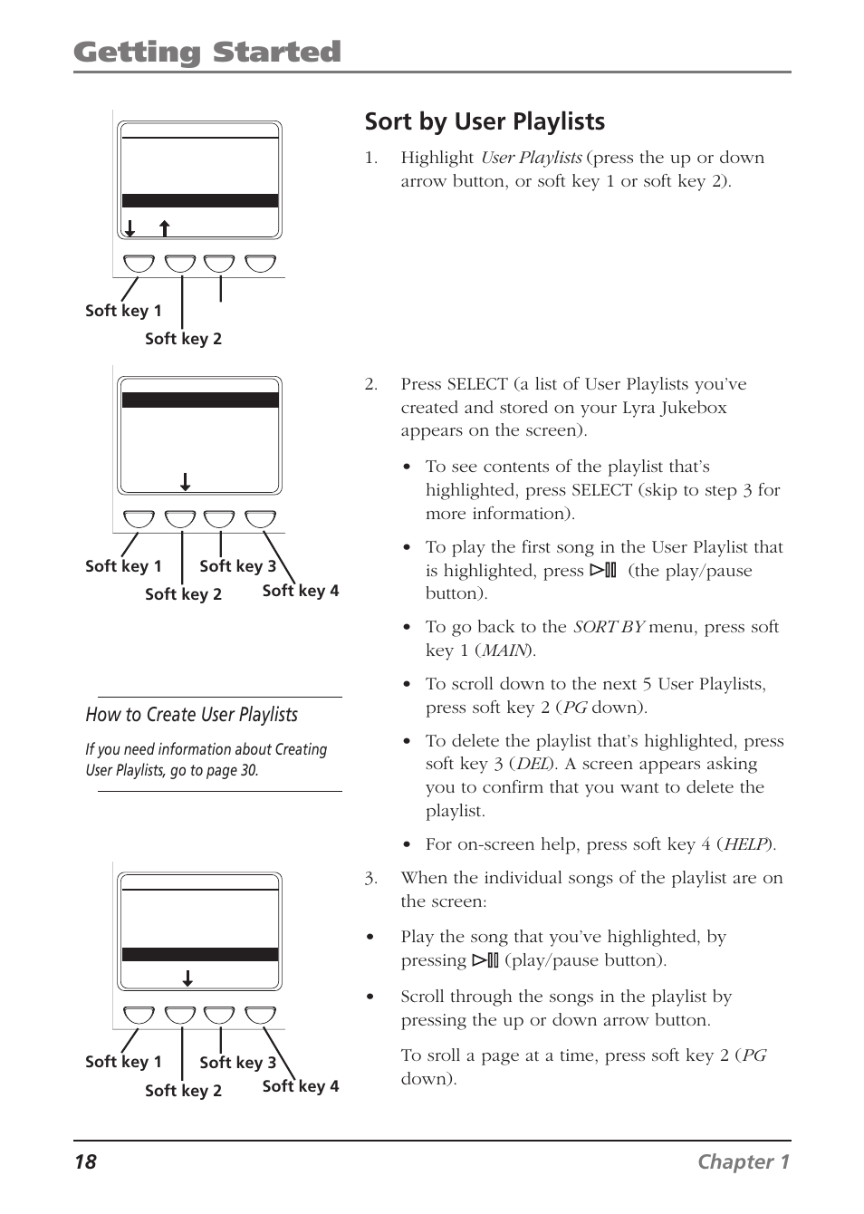 Getting started, Sort by user playlists, 18 chapter 1 | How to create user playlists | RCA Lyra RD2840 User Manual | Page 20 / 58