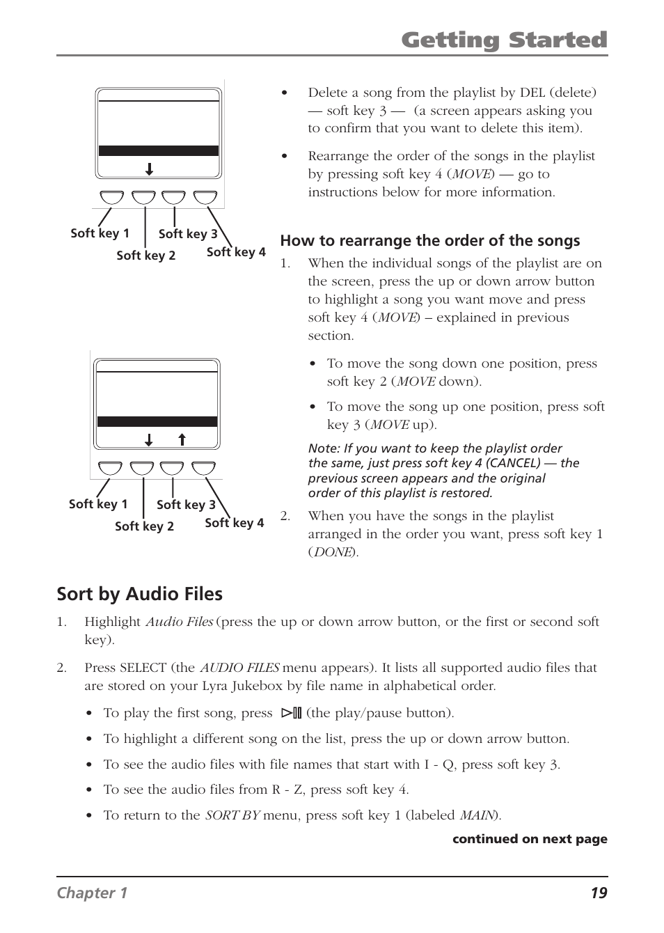 Getting started, Sort by audio files, Chapter 1 19 | How to rearrange the order of the songs | RCA Lyra RD2840 User Manual | Page 21 / 58