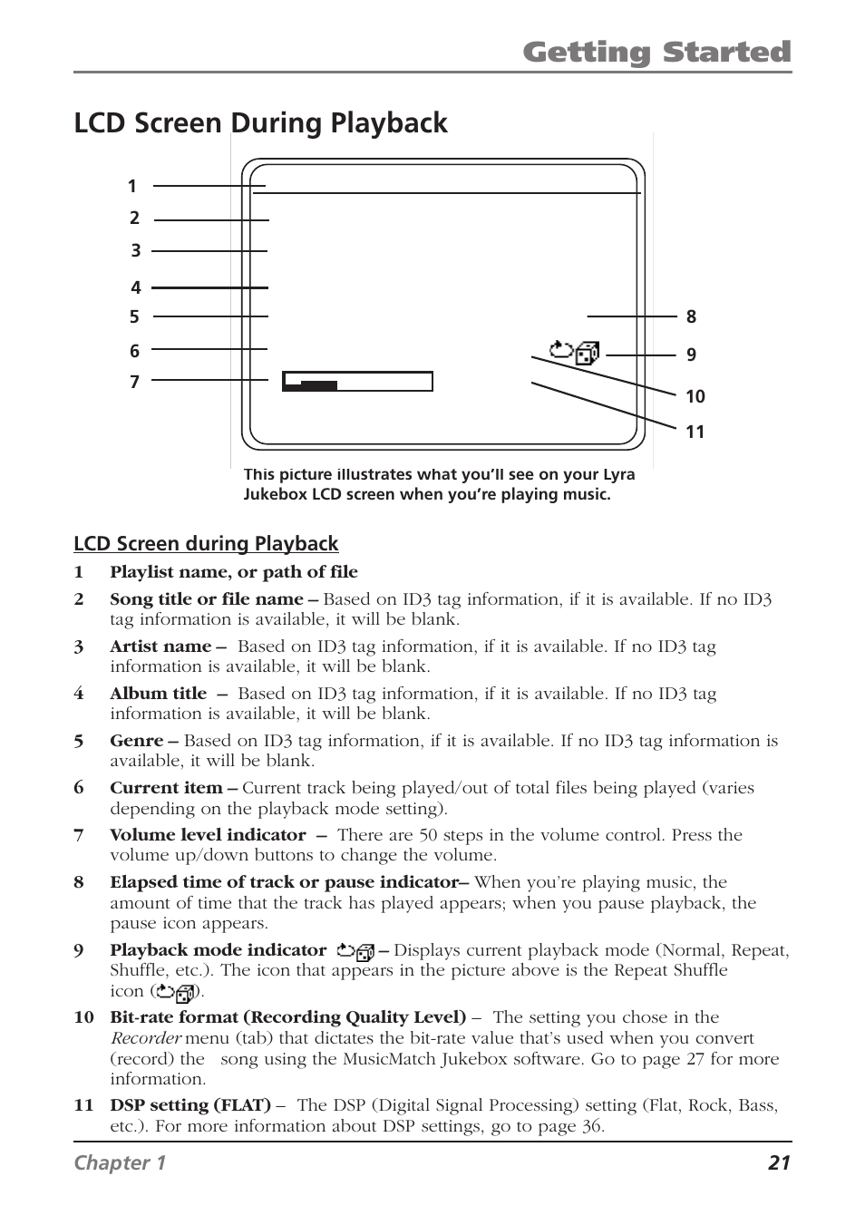 Getting started, Lcd screen during playback | RCA Lyra RD2840 User Manual | Page 23 / 58