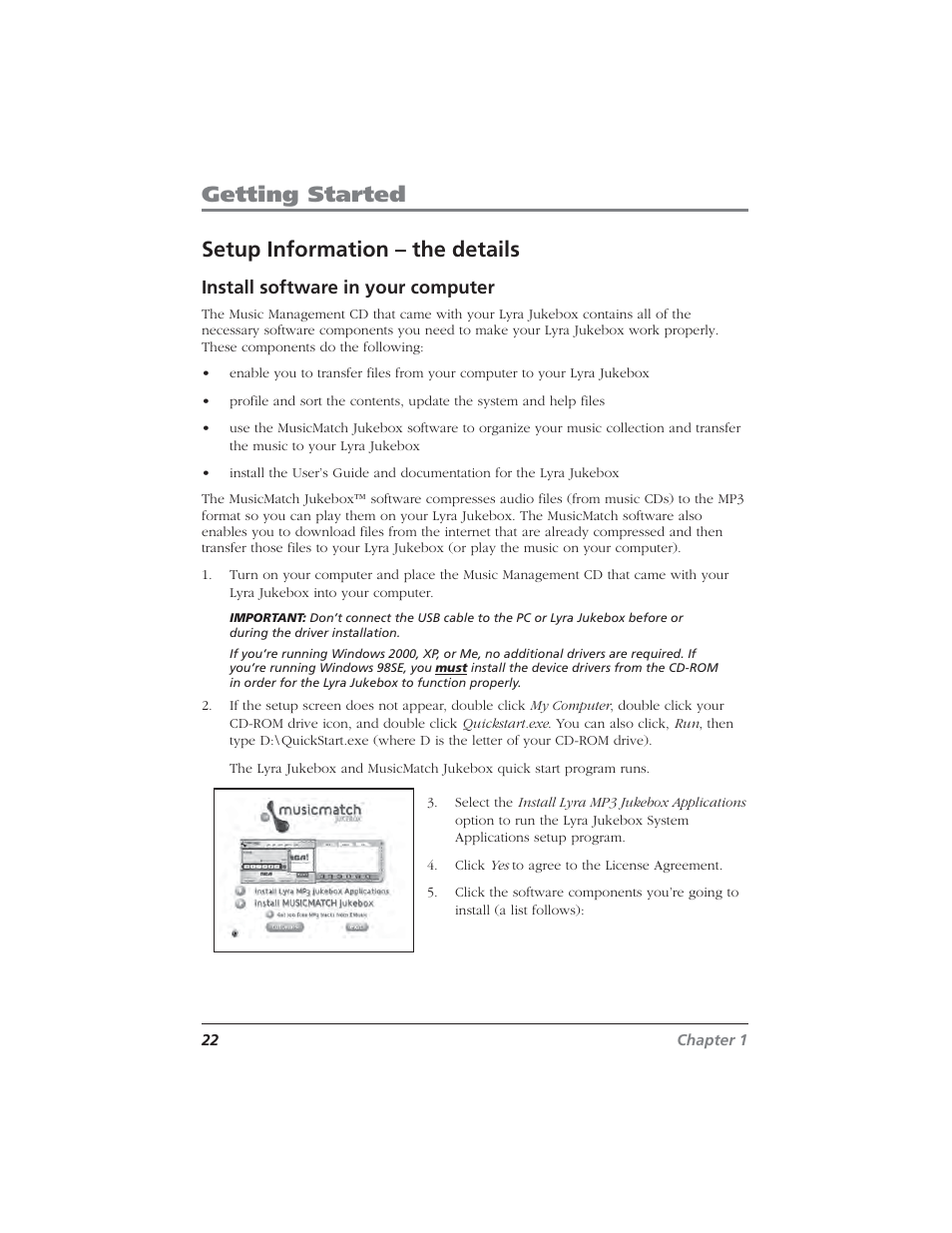 Getting started setup information – the details, Install software in your computer | RCA Lyra RD2840 User Manual | Page 24 / 58