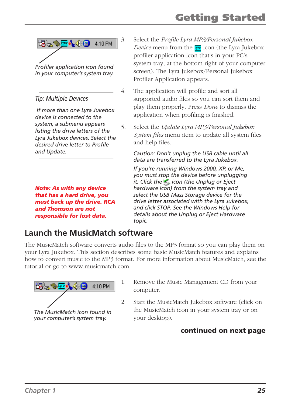 Getting started, Launch the musicmatch software | RCA Lyra RD2840 User Manual | Page 27 / 58