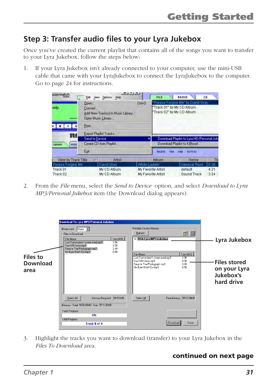 Getting started, Step 3: transfer audio files to your lyra jukebox | RCA Lyra RD2840 User Manual | Page 33 / 58