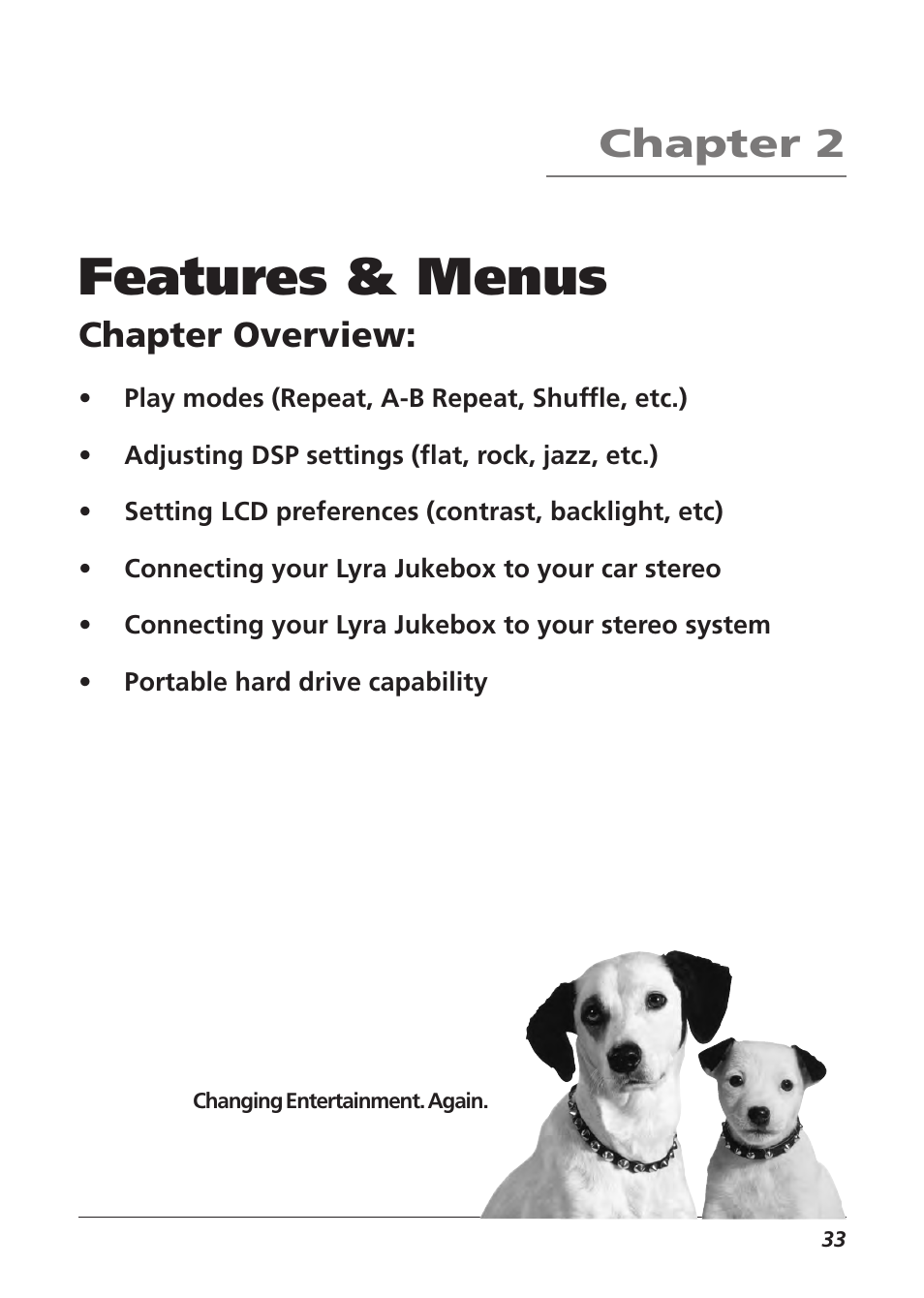 Features & menus, Chapter 2, Chapter overview | RCA Lyra RD2840 User Manual | Page 35 / 58