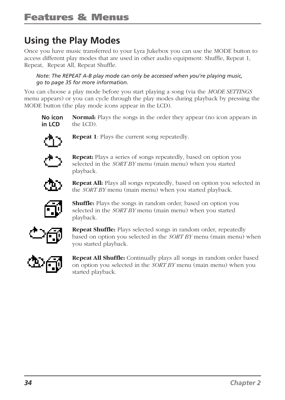 Features & menus using the play modes | RCA Lyra RD2840 User Manual | Page 36 / 58