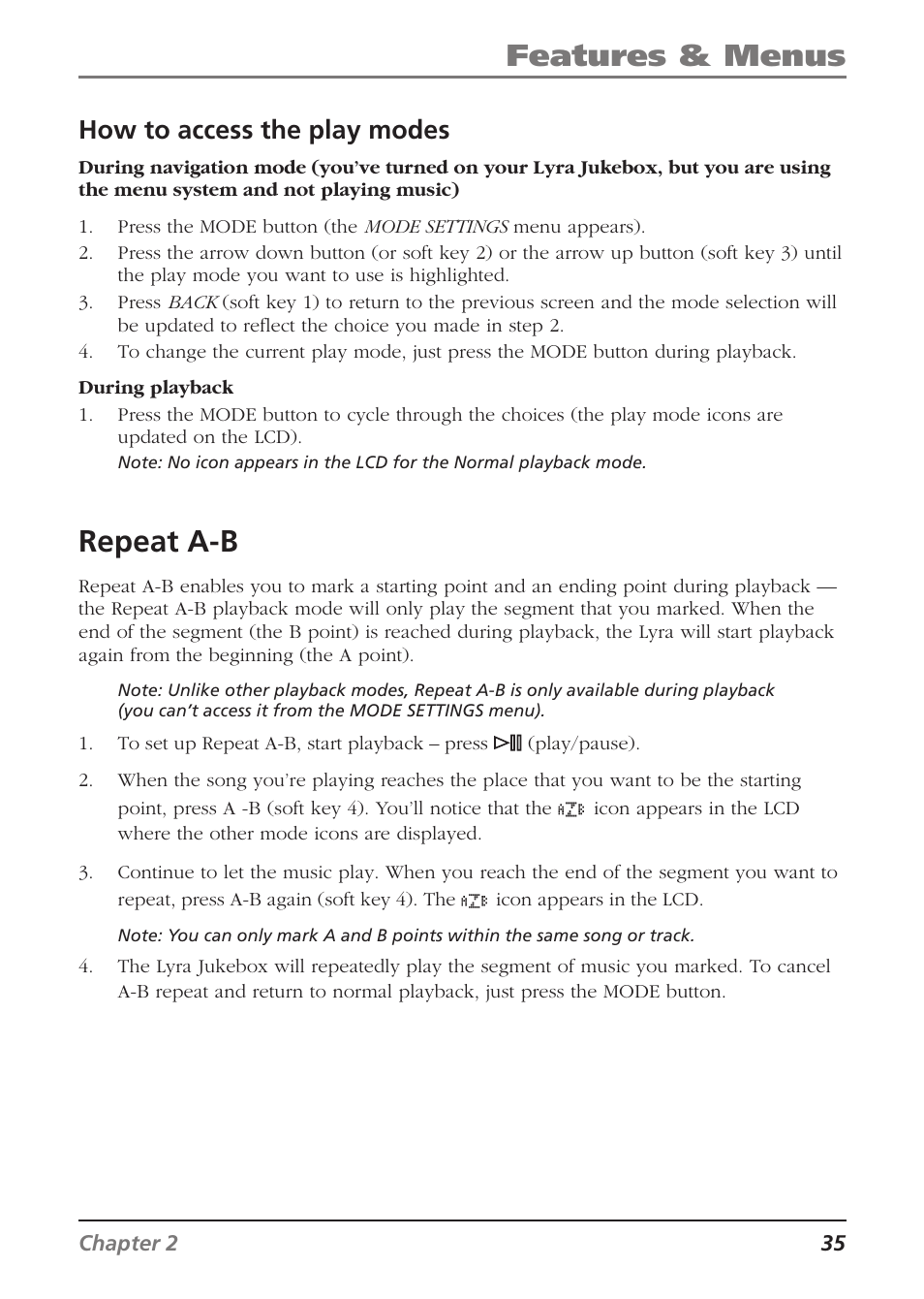 Features & menus, Repeat a-b, How to access the play modes | RCA Lyra RD2840 User Manual | Page 37 / 58
