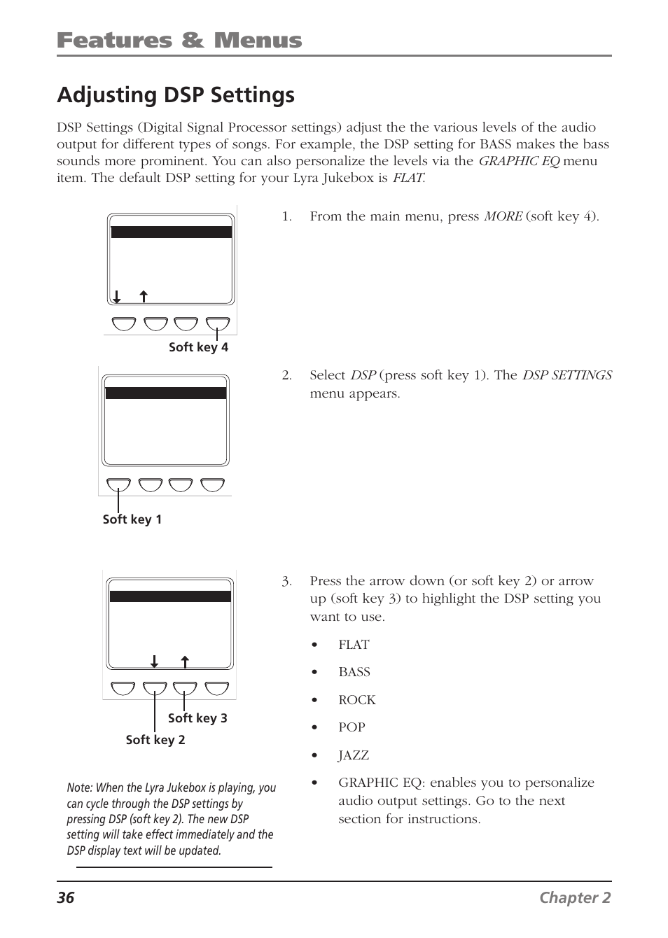 Features & menus, Adjusting dsp settings, 36 chapter 2 | RCA Lyra RD2840 User Manual | Page 38 / 58