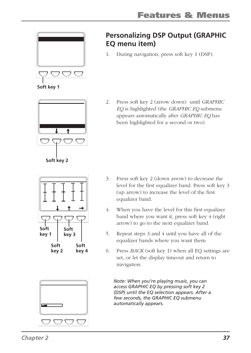 Features & menus, Personalizing dsp output (graphic eq menu item), Chapter 2 37 | RCA Lyra RD2840 User Manual | Page 39 / 58