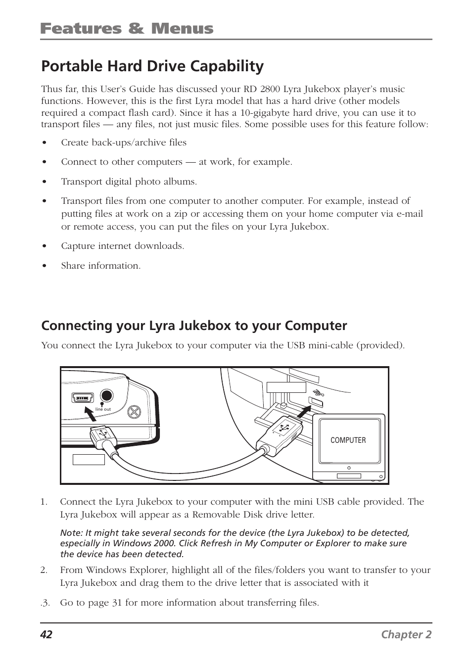 Features & menus portable hard drive capability, Connecting your lyra jukebox to your computer | RCA Lyra RD2840 User Manual | Page 44 / 58