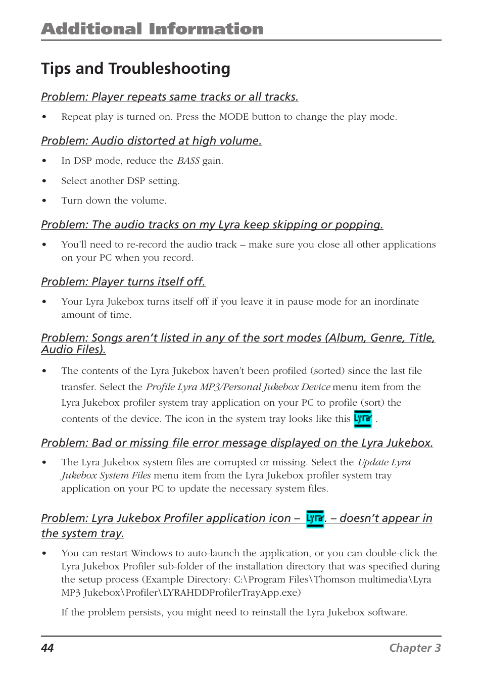 Additional information tips and troubleshooting | RCA Lyra RD2840 User Manual | Page 46 / 58