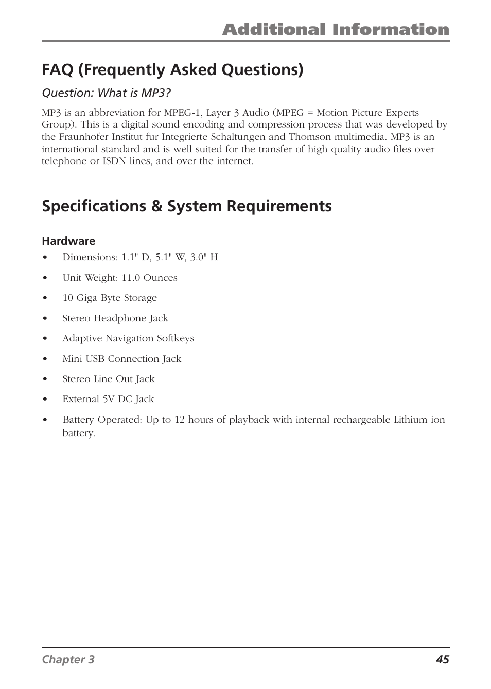 Additional information, Faq (frequently asked questions), Specifications & system requirements | RCA Lyra RD2840 User Manual | Page 47 / 58