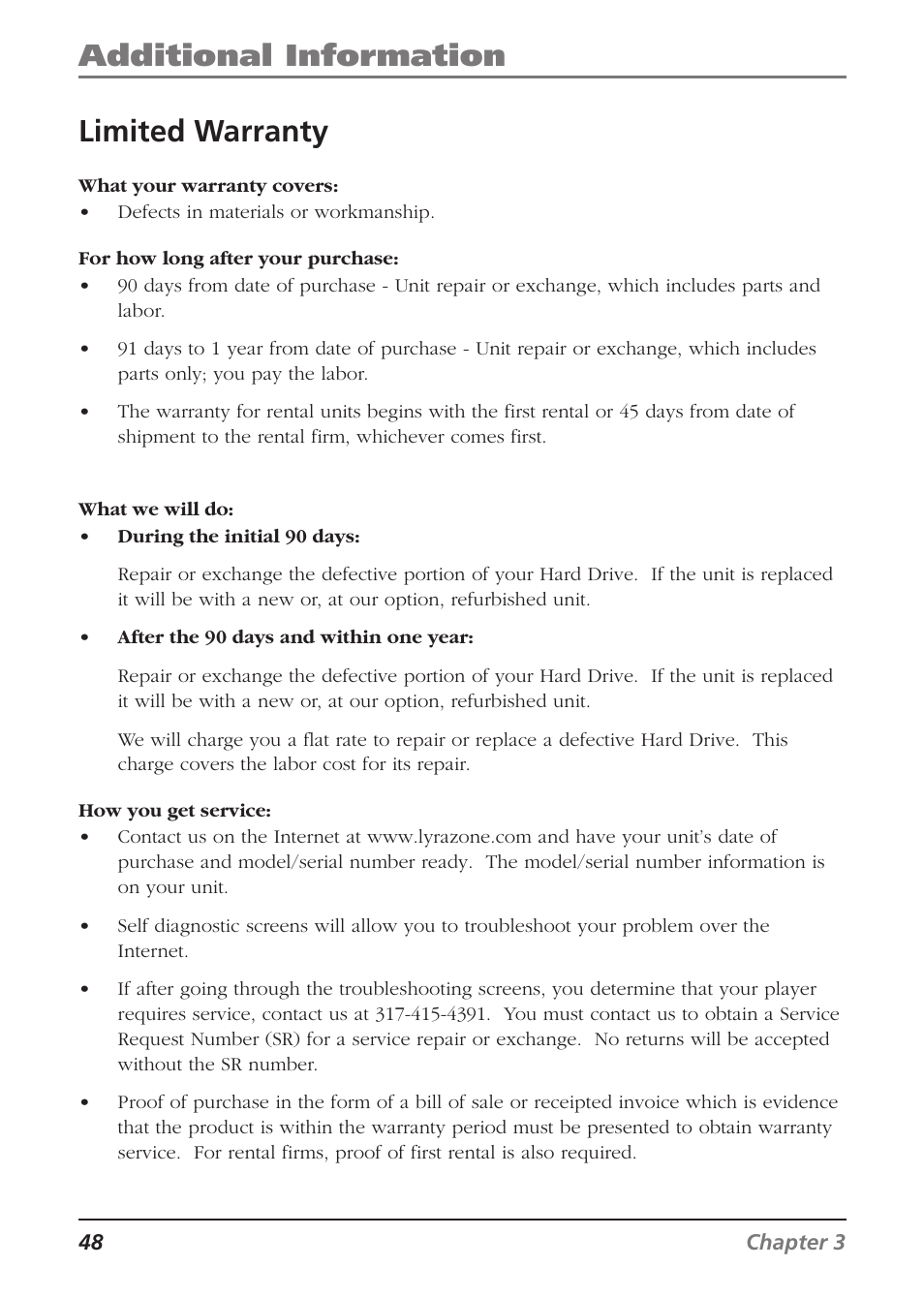 Additional information limited warranty | RCA Lyra RD2840 User Manual | Page 50 / 58