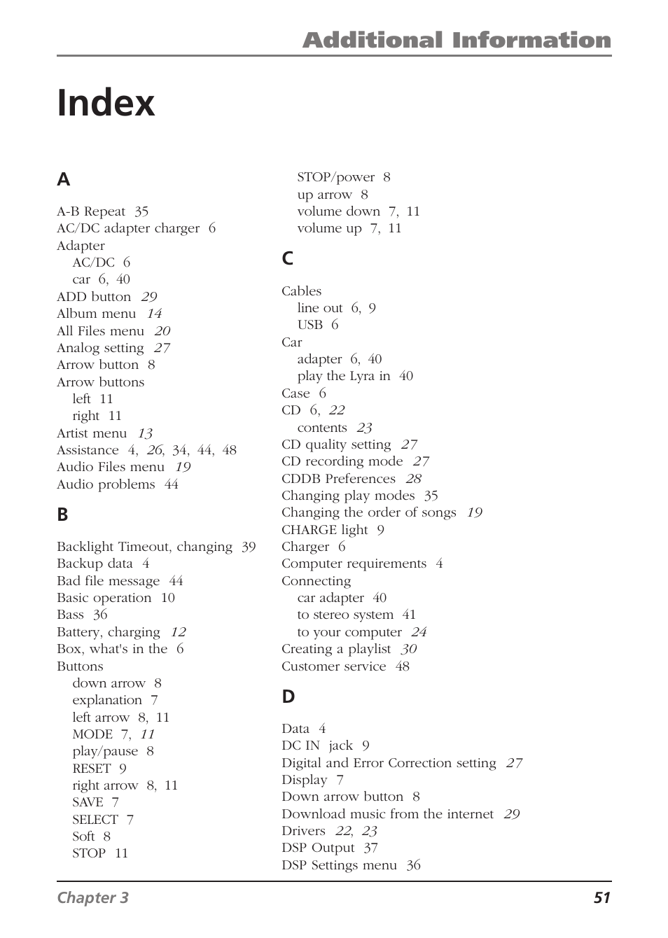 Index, Additional information | RCA Lyra RD2840 User Manual | Page 53 / 58